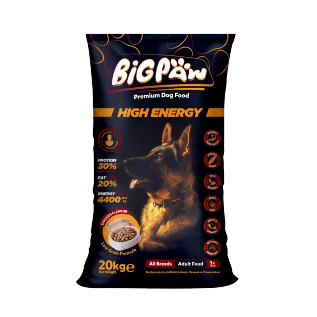 Big Paw High Energy – premium dog food for active dogs, enriched with Omega-3, Omega-6, and essential nutrients.