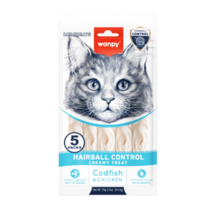 Wanpy Hairball Control Cat Creamy Treat with Codfish and Chicken flavor in 5x14g sticks