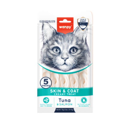Wanpy Skin & Coat Cat Creamy Treat with Tuna and Salmon flavor in 5x14g sticks