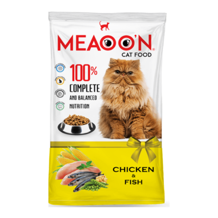 Meaoon Cat Food Chicken & Fish flavor – healthy dry cat food with balanced protein, omega fats, and vitamins for strong muscles, shiny coat, and vitality.