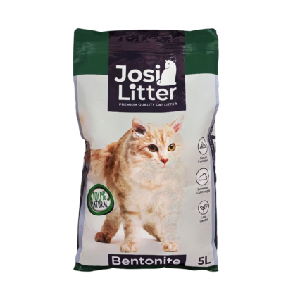 Josi Bentonite Cat Litter 5L packaging featuring natural bentonite clay for clumping and odor control.