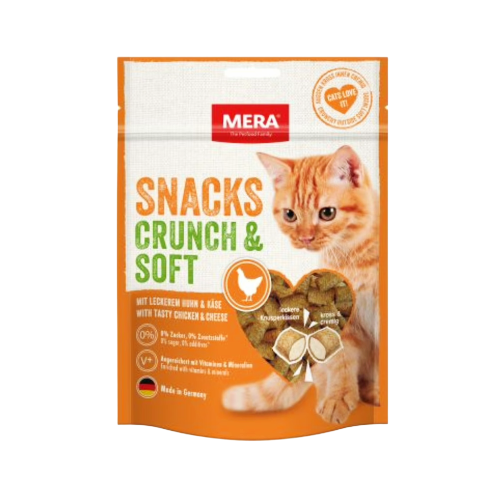 mera-cat-sanks-crunch-and-soft-with-chicken-cat-treat-mini-pets-world Key Benefits Crunchy outside & soft inside for high palatability Made with real chicken (18%) & poultry (21%) Enriched with vitamins A, D & E Contains taurine (1000 mg/kg) for heart & eye health 0% added sugar & no artificial additives Supports healthy, happy, and active cats Made in Germany
