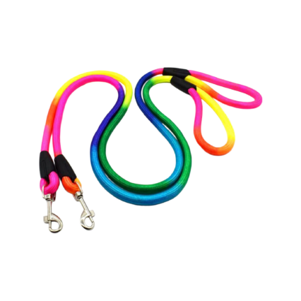 Rainbow braided rope dog leash with padded handle and heavy-duty metal clip for strong dogs