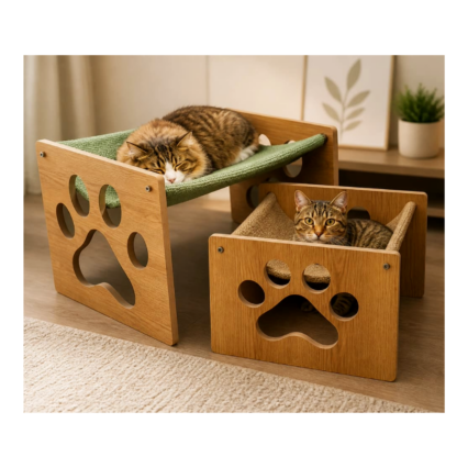 Modern Elevated Cat Bed Toy Wooden Hammock for Cats