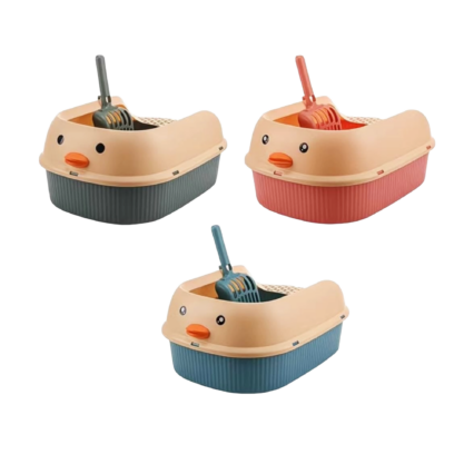 Cartoon Duck High-Sided Anti-Splashing Cat Litter Tray with built-in scoop holder
