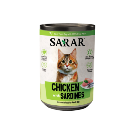 SARAR Chicken with Sardines Wet Cat Food 400g is a complete and balanced wet cat food made with 40% real chicken, sardines, taurine, vitamins, and minerals to support healthy muscles, digestion, immunity, and overall wellbeing for cats aged 2 months and above.
