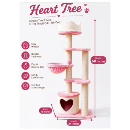 Heart Tree 60 Inch Multi-Level Cat Tree and Scratching Tower